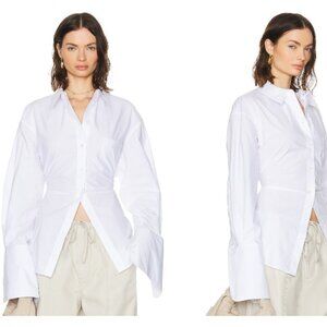 Helsa Poplin Lace Back Shirt in White button down long sleeve dress shirt collar